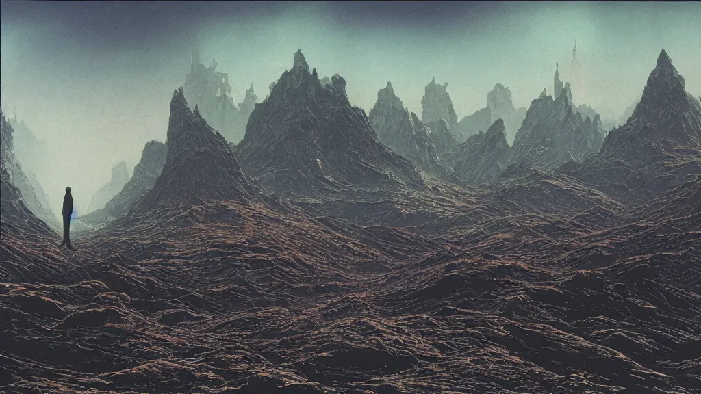 Image similar to emissary space by arthur haas and bruce pennington and john schoenherr, cinematic matte painting, photo realism, dark color palate, mountainscape