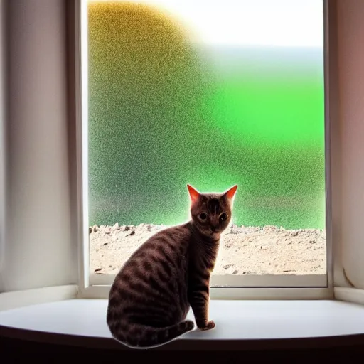 Image similar to cat watching a martian landscape from inside a window, standing in the floor next to a bowl with cat food