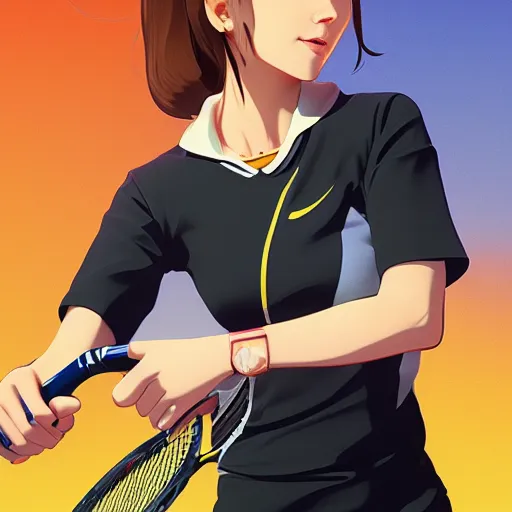 Image similar to a drawing of a woman holding a tennis racquet, a character portrait by Ilya Kuvshinov, cgsociety, shock art, ilya kuvshinov, 2d game art, official art