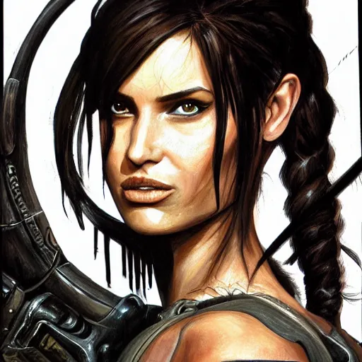 Image similar to Lara Croft detailed headshot Portrait, painting drawn by HR Giger