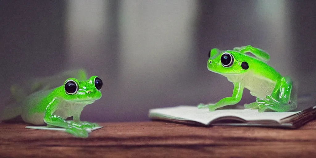 prompthunt: Cute glass frog on a student's table in front of a window.  Evening, soft light. 8k. High detail. Calm