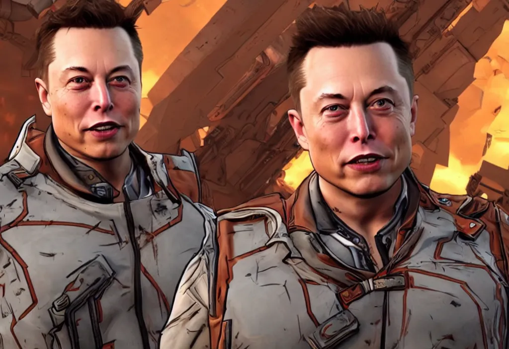 Image similar to elon musk in borderlands elon musk in the video game borderlands, gameplay screenshot, close up, 3 d rendering. unreal engine. amazing likeness. very detailed.