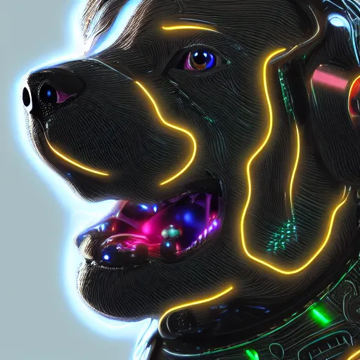 Prompt: cybernetic puppy, led lights, wires, hyperdetailed, hyperrealistic, reflections, futuristic, highly detailed, trending on artstation HQ, 4k, UHD