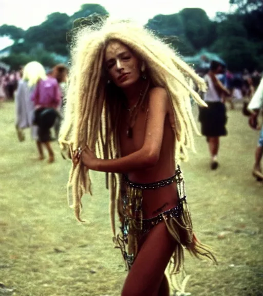 Prompt: portrait of a stunningly beautiful hippie woman with blonde dreadlocks walking in a music festival, by bruce davidson