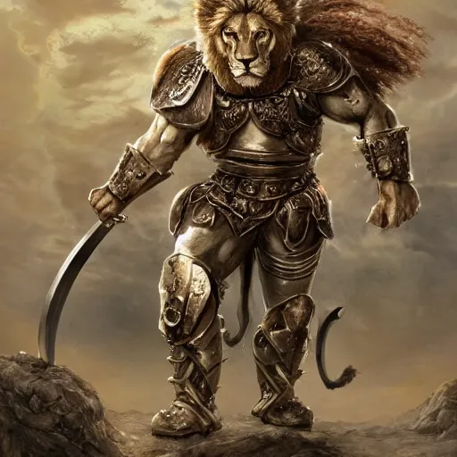 Image similar to a muscular lion wearing battle armor, holding a sword, standing on a bloody battlefield, full body, epic, fantasy, highly detail, art