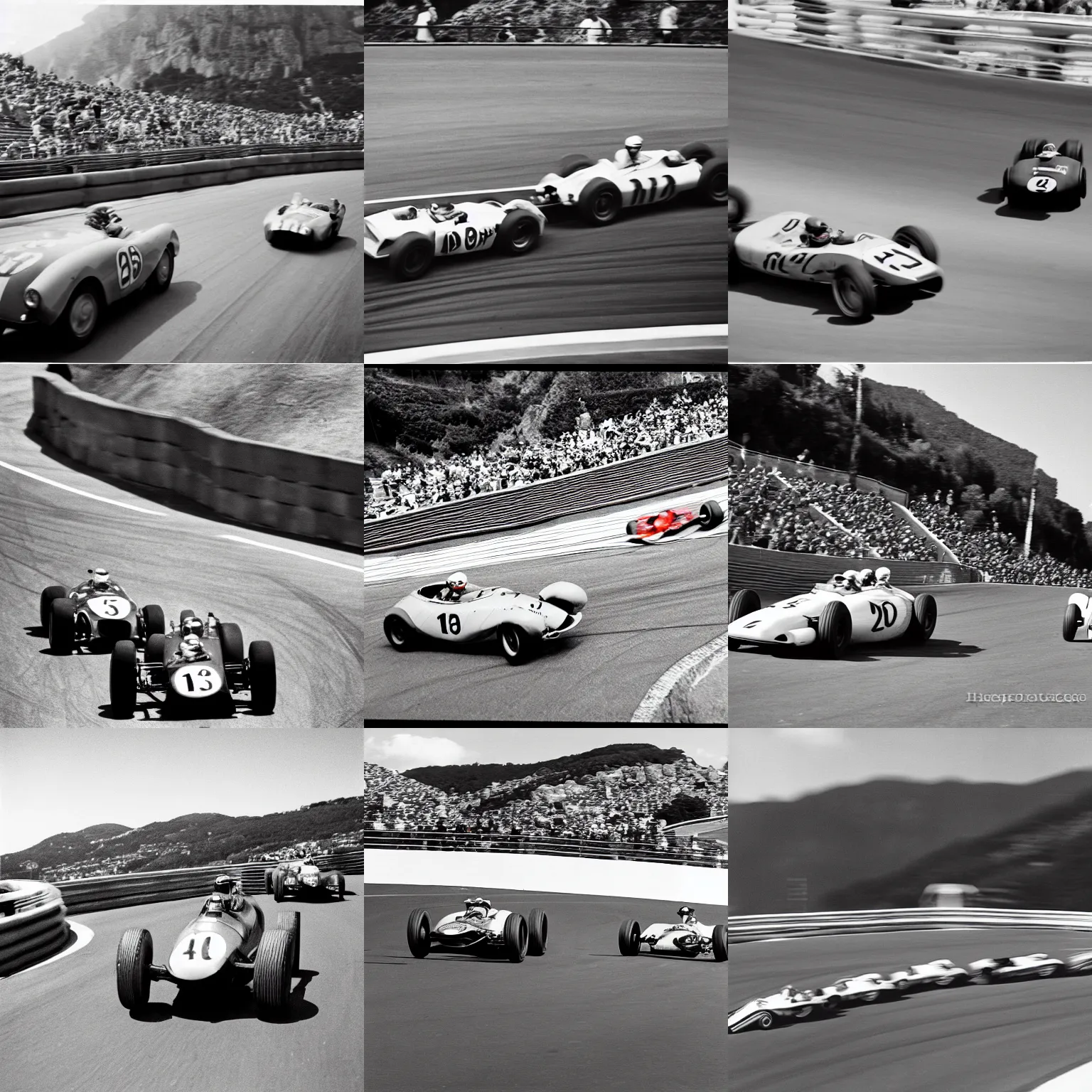 Prompt: car race overtaking at monaco hairpin, 5 0 s, film grain, motorsports photography