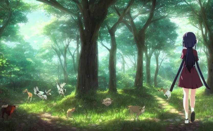 Prompt: An anime girl walking through a forest, surrounded by animals, anime scene by Makoto Shinkai, beautiful digital art
