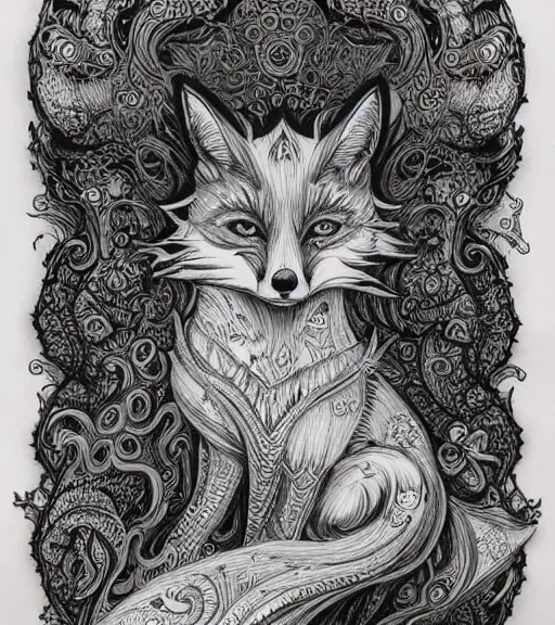 Image similar to ornate fox design pattern illustration design by joe fenton, monochrome using graphite, ink and acrylics on paper