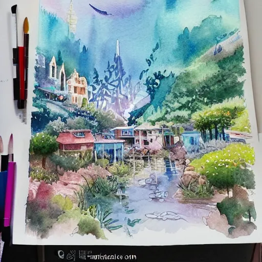 Image similar to Beautiful happy picturesque charming sci-fi town in harmony with nature. Beautiful light. Water and plants. Nice colour scheme, soft warm colour. Beautiful detailed artistic watercolor by Olivia. (2022)