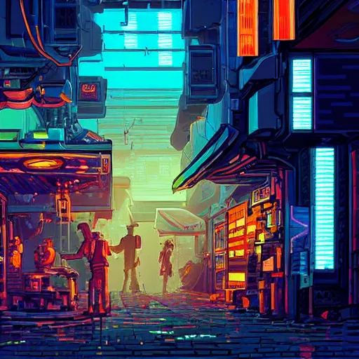 Image similar to fantastic lighting, pixel art, high detail , 16 bits, cyberpunk market, 2d