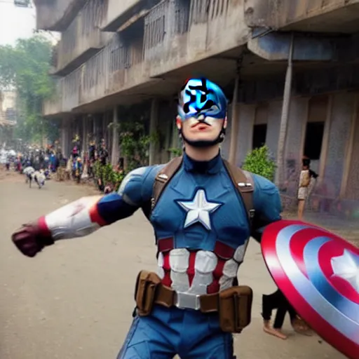 Prompt: photograph of Steve Roger’s Captain America in Dhaka