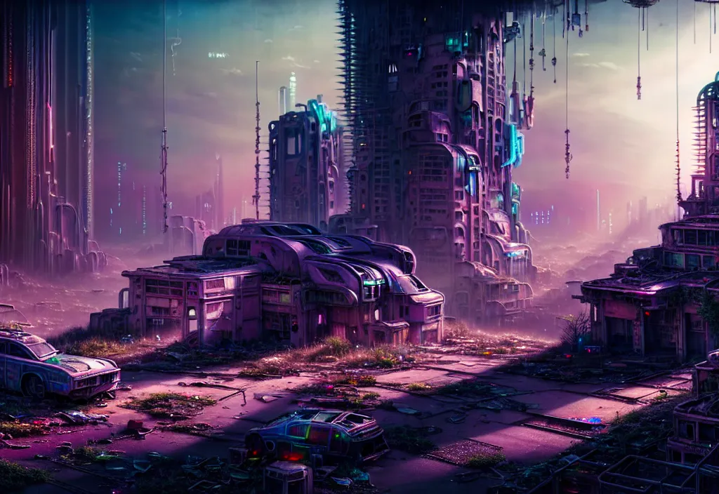 Image similar to A highly detailed crisp unreal engine render of wide view photo of A beautiful futuristic cyberpunk abandoned dystopia city building with futuristic bright lights, plants allover , godray, sunlight breaking through clouds, clouds, debris on the ground, abandoned machines bright happy colors, chaotic , nitid horizon, factory by wangchen-cg, 王琛,Neil blevins, artstation, Gediminas Pranckevicius