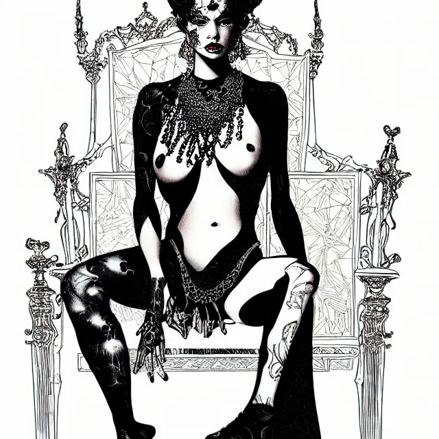 Prompt: salome full figure sitting on throne black ink drawing by james jean very detailed high contrast xuan paper lush background by moebius