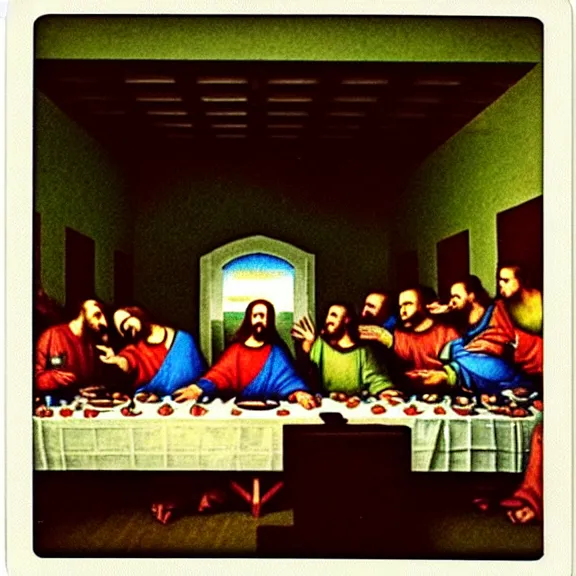 Prompt: the last supper jesus candid Polaroid instant film instamatic photorealistic 8mm film grain party smiling trending on instagram