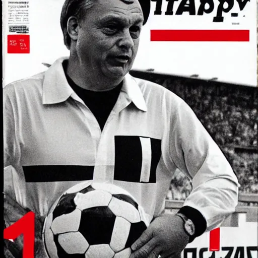 Prompt: Viktor Orbán dressed as the hungarian national soccer team leader, singing the national anthem in a stadium full of hungarian soccer fans, magazin cover art 1983