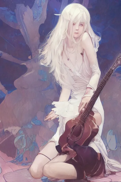 Image similar to a white haired girl with a guitar on her back sitting on the floor taking off her socks, 4 5 angel by krenz cushart and mucha and akihito yoshida and greg rutkowski, 4 k resolution