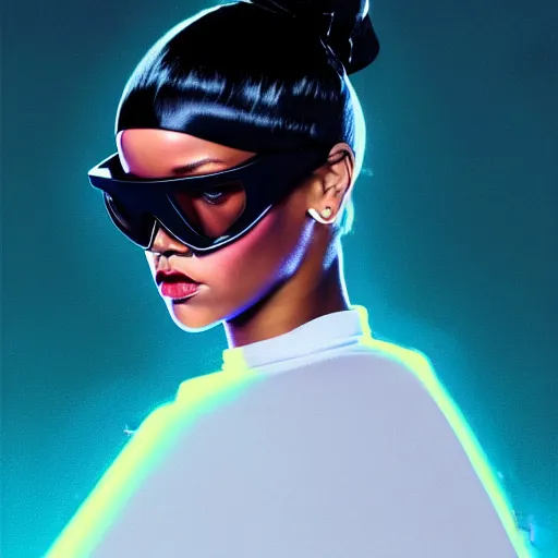 Prompt: Rihanna wearing opaque reflective goggles profile picture by Greg Rutkowski, asymmetrical, futuristic, volumetric lights, streetwear, studio ghibli, Organic Painting , Matte Painting, geometric shapes, hard edges, street art, trending on the artstation, fantasy LUT, realistic by Sachin Teng + Martin Grip + Moebius + Patrick Gleason, smooth, sharp focus, illustration, art by John Collier and Albert Aublet and Krenz Cushart and Artem Demura and Alphonse Mucha, techwear, Industrial Scifi, detailed illustration, character portrait,