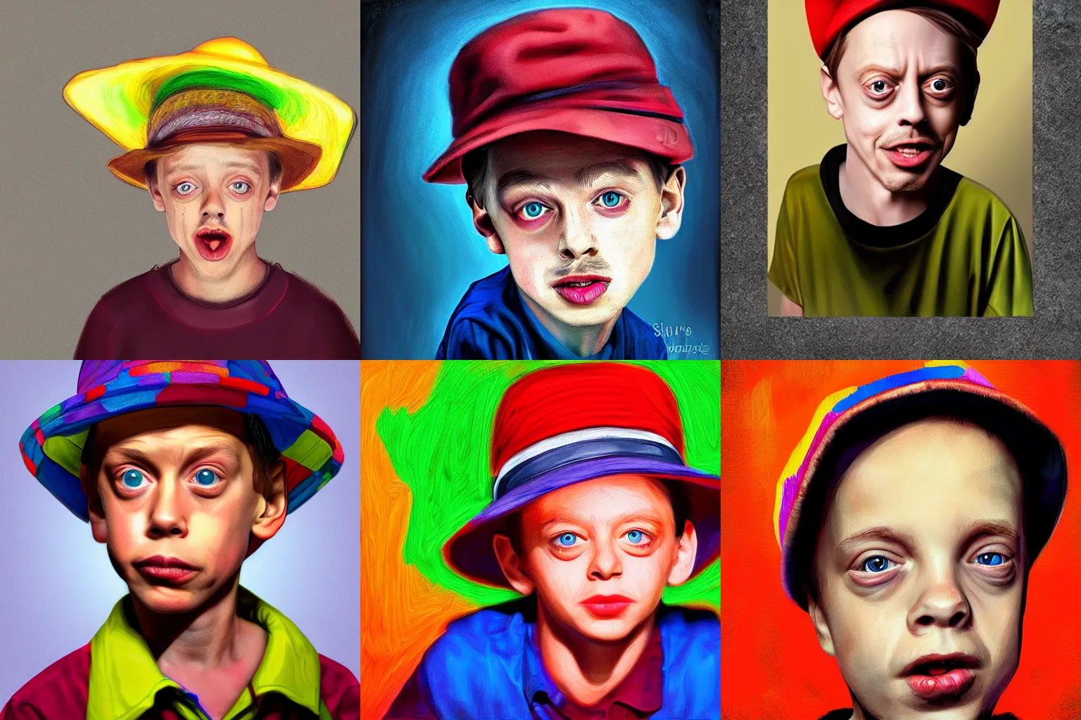 Prompt: portrait steve buscemi as are kid, digital art, colorful, funny hat, realistic, uplight