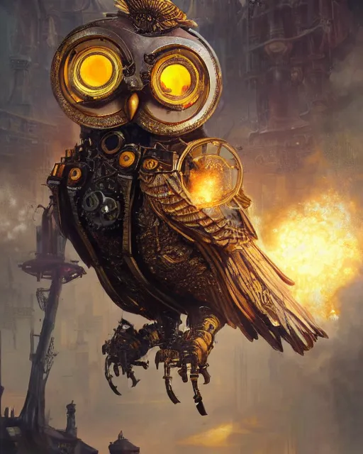 Prompt: oil painting of Gigantic Steampunk Owl Robot sharp focus, exploding golden steampunk city background, fantasy style, octane render, volumetric lighting, 8k high definition, by greg rutkowski, highly detailed, trending on art Station, magic the gathering artwork, centered, dramatic artwork, combat scene