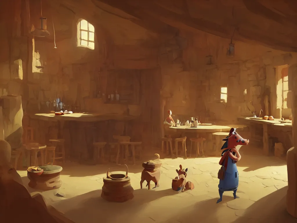 Image similar to Goro Fujita illustrating a mule standing in a beautiful rustic tavern, art by Goro Fujita, sharp focus, highly detailed, ArtStation