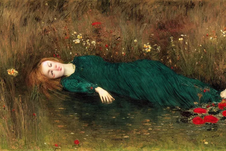 Prompt: young drowned ophelia floating in dark waters surrounded by high green grass and flowers, by sir john everett millais, wearing an antique embroidered dress, arms stretched out, with closed eyes, sad, dark, detailed,