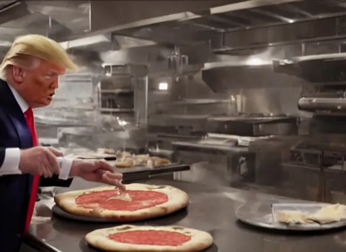 Image similar to film still of trump making a pizza in the new avengers movie, 4 k