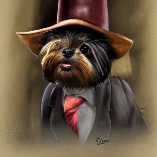 Prompt: detective yorkshire terrier wearing a fedora, in a dark alley, by D&D Concept Artists