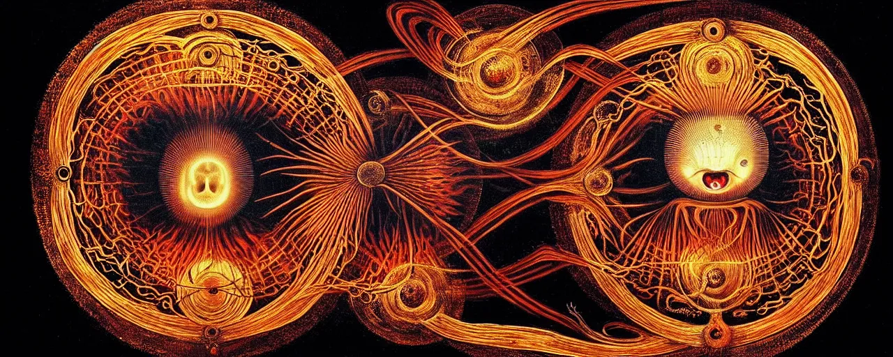 Image similar to a strange fire creature with endearing eyes radiates a unique canto'as above so below'while being ignited by the spirit of haeckel and robert fludd, in the long deep infinite tunnel of the ego - self axis, glory to my soul, in honor of saturn, painted by ronny khalil