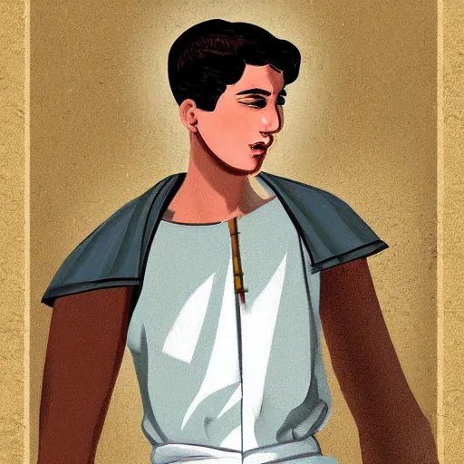 Image similar to digital painting of a handsome Mediterranean 17 year old man in ancient Biblical clothes, 1950s illustration style