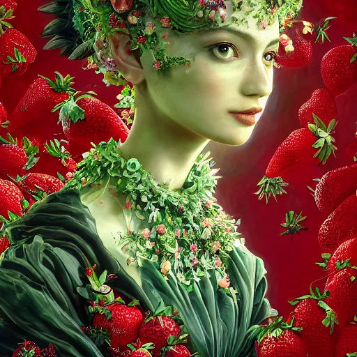 Image similar to the portrait of an absurdly beautiful, graceful, elegant, sophisticated, chaste woman made of strawberries and green petals looking up, an ultrafine hyperdetailed illustration by kim jung gi, irakli nadar, intricate linework, bright colors, octopath traveler, final fantasy, unreal engine 5 highly rendered, global illumination, radiant light, detailed and intricate environment