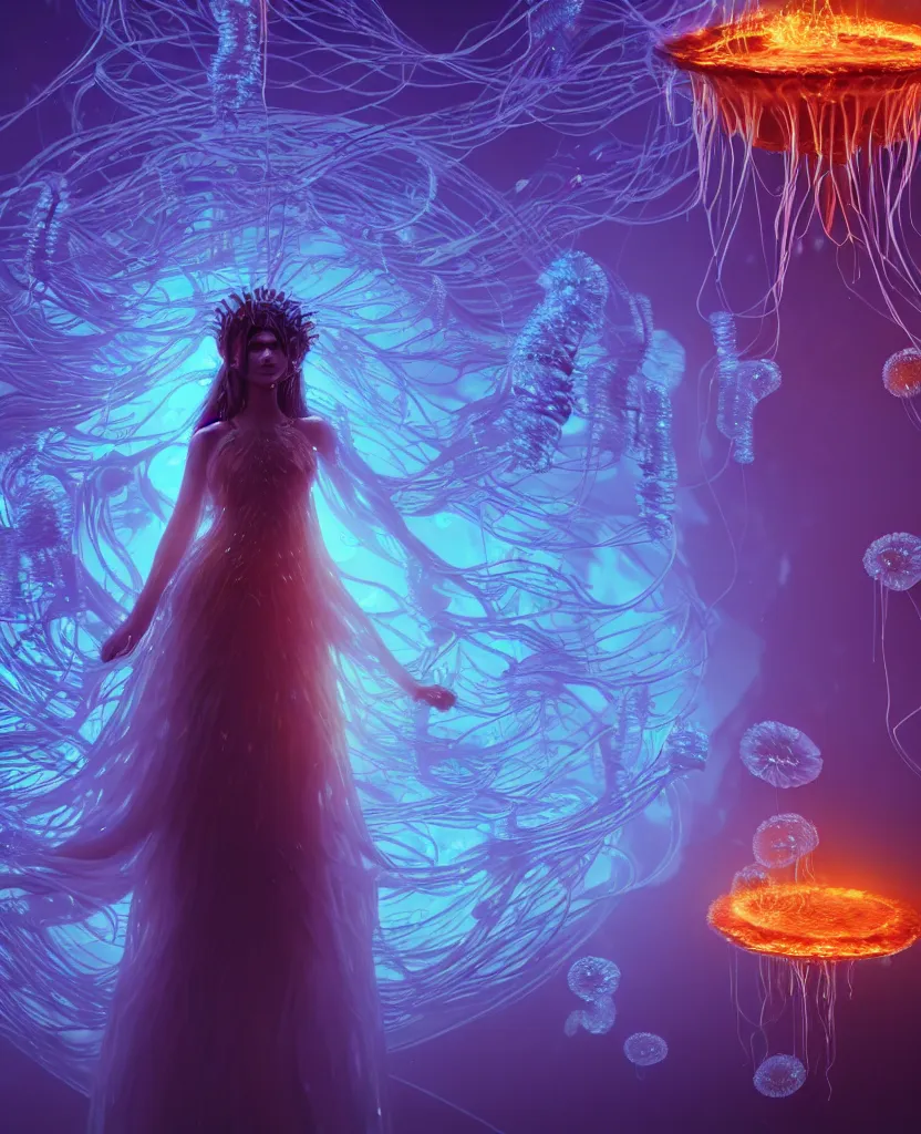 Image similar to close-up portrait of a beautiful princess floating in ethereum surrounded by floating jellyfish, energy flows of fire and water, flashes of plasma, 3d with depth of field, blurred background, a highly detailed epic cinematic concept art CG render. made in Maya, Blender and Photoshop, octane render, excellent composition, cinematic dystopian brutalist atmosphere, dynamic dramatic cinematic lighting, aesthetic, very inspirational, arthouse. y Greg Rutkowski, Ilya Kuvshinov, WLOP, Stanley Artgerm Lau, Ruan Jia and Fenghua Zhong