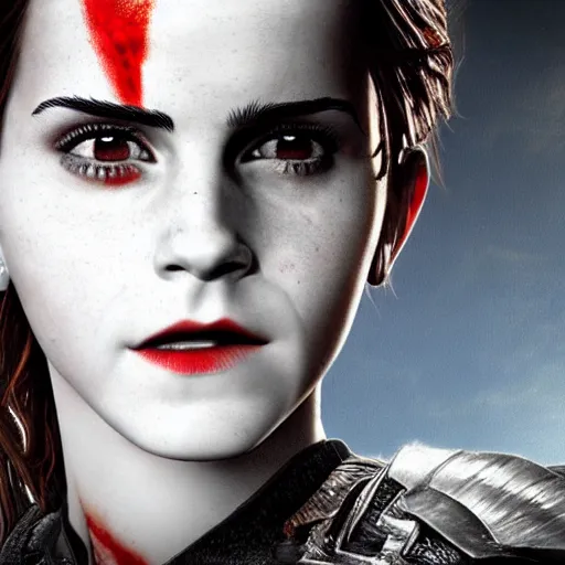 Prompt: Emma Watson as Kratos, brutal, detailed realistic face