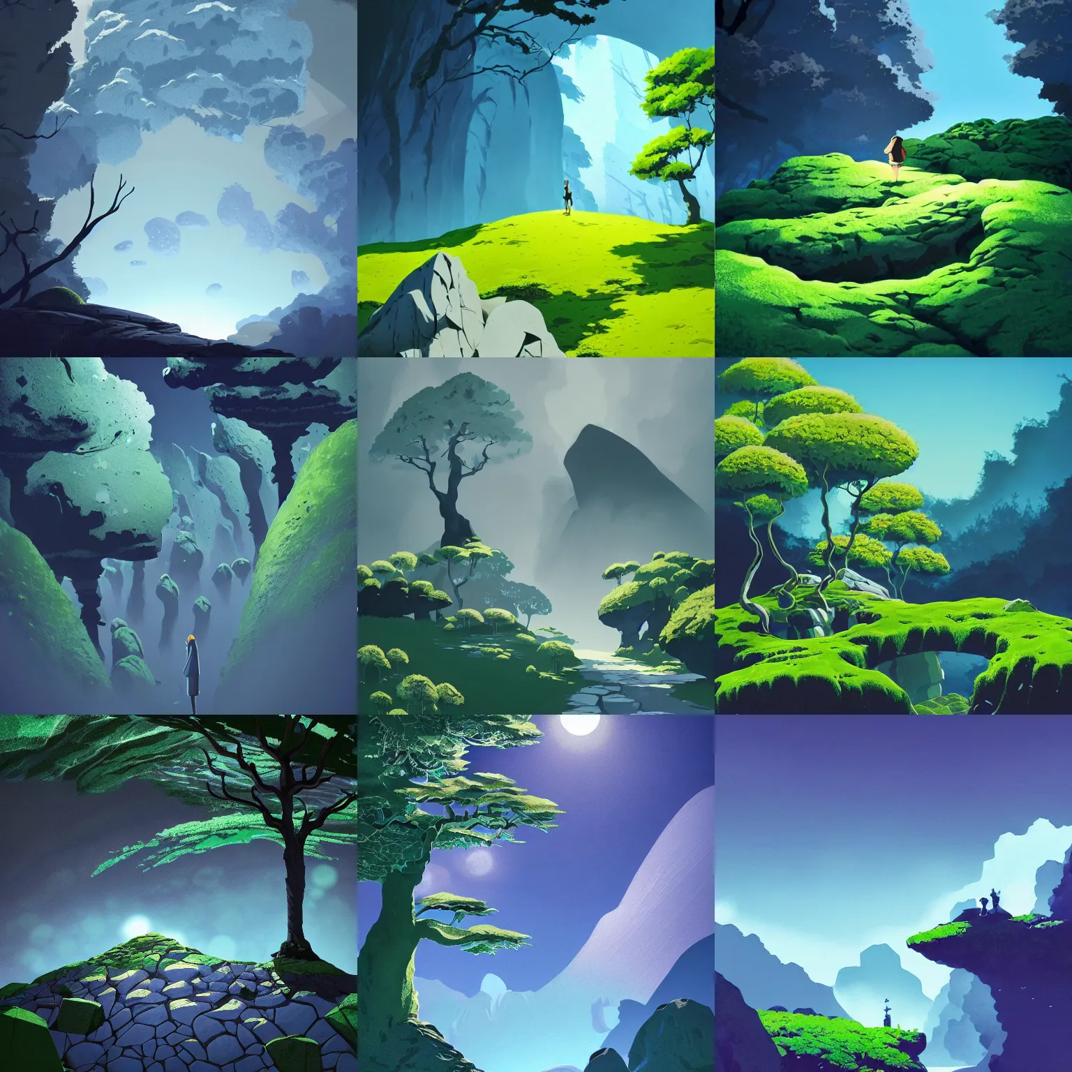 Prompt: stone covered by moss on blue sky background, eyvind earle, studio ghibli painting, cinematic lighting, volumetric lighting, smooth, sharp focus, highly detailed, render in unreal engine 5, artstation, deviantart, behance, trending, epic composition, octane, light rays, award - winning