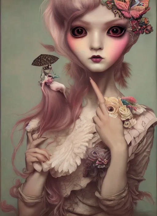 Prompt: pop surrealism, lowbrow art, realistic cute girl painting, japanese street fashion, hyper realism, muted colours, rococo, natalie shau, loreta lux, tom bagshaw, mark ryden, trevor brown style,