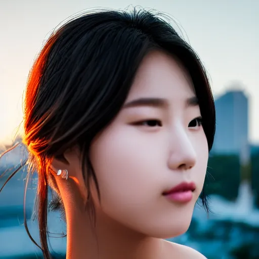 Prompt: a close up portrait of beautiful young k-pop idol, golden hour in Seoul, Zeiss 150mm f2.8 Hasselblad, award-winning photo