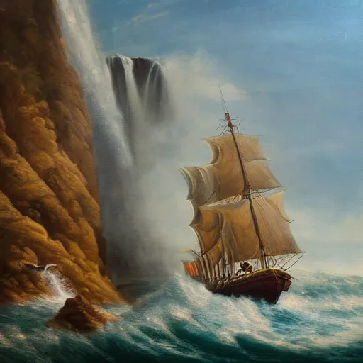 Image similar to stark oil painting, sailing ship at the edge of the world waterfall, man vs. nature, deep blue water, whitecap waves, point of no return, desperation, vivid, highly detailed, renaissance, 4k scan