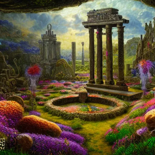 Prompt: a beautiful and highly detailed matte painting of a lost celtic temple in a magical fantasy garden, colorful flowers, psychedelic patterns, epic scale, insanely complex, hyperdetailed, sharp focus, hyperrealism, artstation, cgsociety, 8 k, bright colors, by caspar friedrich, albert bierstadt, james gurney, brian froud,