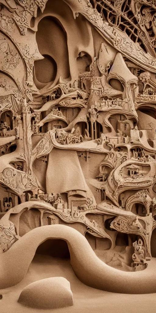 Prompt: photograph of the perfect and detailed of the word sticazzi how a sand sculpture designed by architect antoni gaudi, cinematic composition, catalan modernisme, hyperrealistic, volumetric lighting, epic, insanely detailed, beautiful, unreal engine 5 render, 8 k,