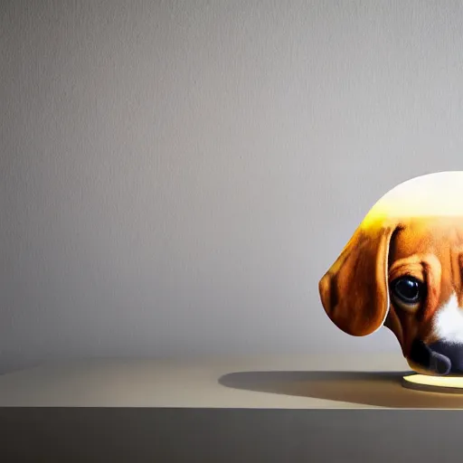 Prompt: a large lamp, shaped as a 3d beagle puppy head, placed in a large living room, art designers magazine HD photo superrealism 3d 8k resolution