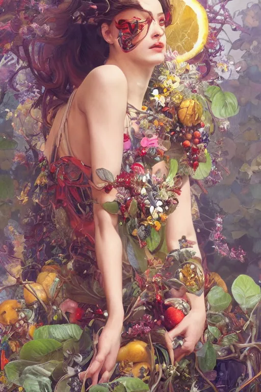 Prompt: an hyper intricate oil painting of gen z model wearing a fashion outfit, surrounded by fruits, full body ultra fashion model pose by vogue, excellent composition, by yoshitaka amano, by greg rutkowski, by alphonse mucha, by rhads, by ross tran, trending on artstation