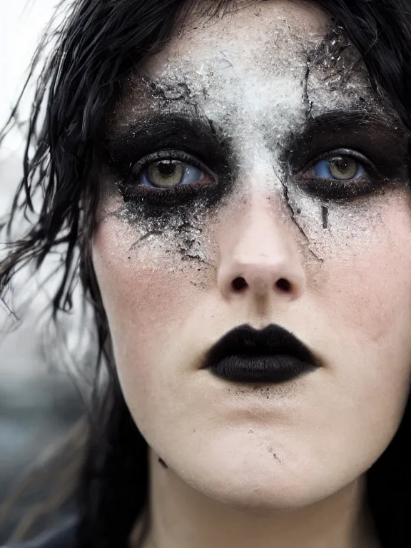 Prompt: hyperdetailed close shot of a beautiful daisy edgar - jones, brown eyes, dark hair, black makeup, skin, winds of winter, with ripped crop t - shirt with a logo, fine - face, pretty face