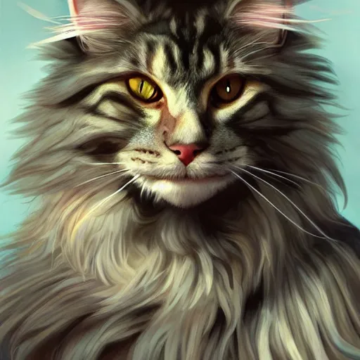 Image similar to maine coon, anthropomorphic large maine coon, bipedal, muskateer. character concept, digital painting, artstation, concept art, smooth, super sharp focus, illustration, art by artgerm and h r giger and alphonse mucha