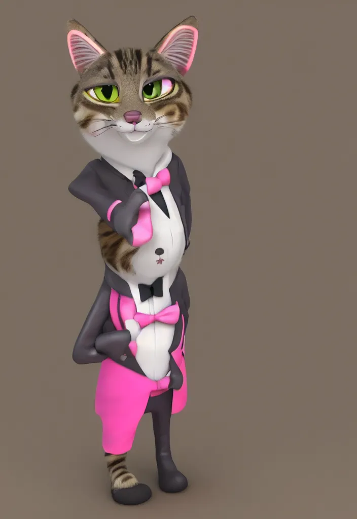 Image similar to 3d render , anthropomorphic male tabby cat,wearing a pink tux ,style of Zootopia, 8K HD Resolution, High quality image