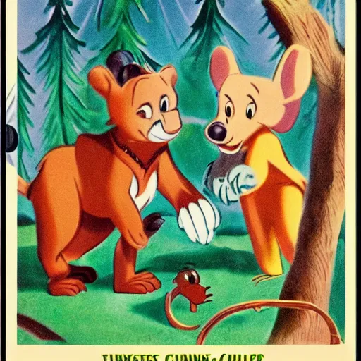 Image similar to 1940s disney film about talking forest animals super high detail
