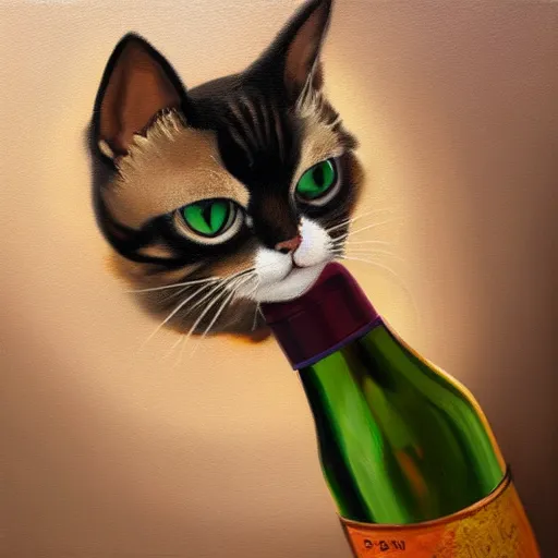 Prompt: beautiful oil painting of a cat in an empty bottle of wine, trending on artstation, 4 k, high quality, colorful