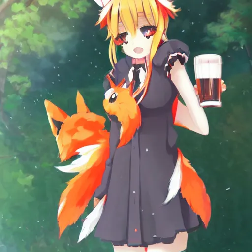 Prompt: senko-san very very very beautiful cute anime kitsune fox girl drinks beer trending on pixiv orange hair orange tail