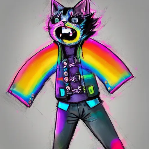 Image similar to wide angle full body, jacket wearing fluffy cute rainbow kitten wearing a black leather motorcycle jacket, concept art