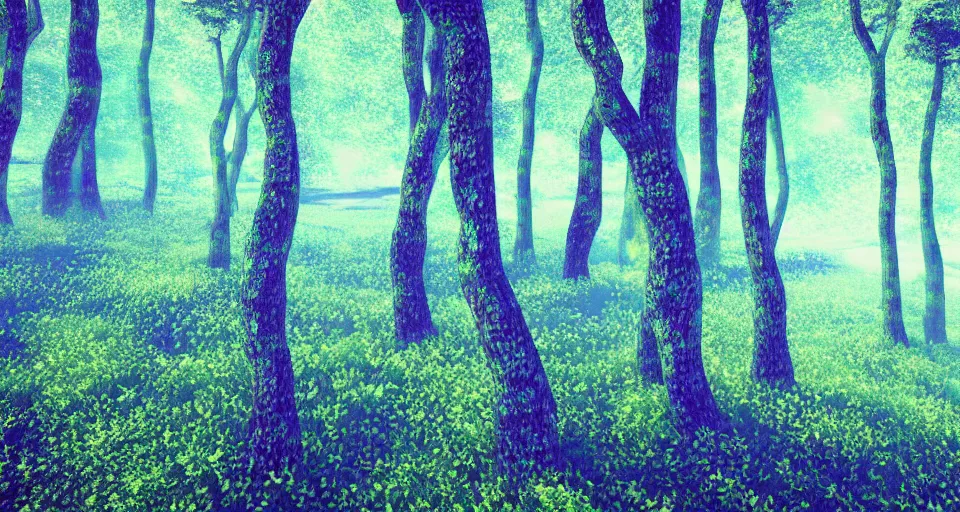 Image similar to 3d Render of blue green red and purple deep sea forest, grainy, noisy