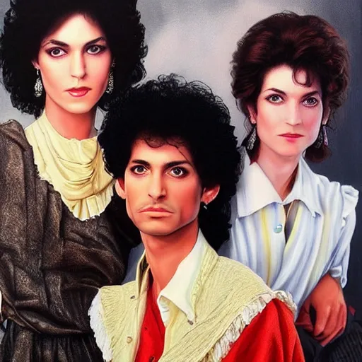 Image similar to a highly detailed painting. 1987-era Prince jealous of Wendy and Susannah Melvoin. Photorealistic. Trending on Artstation.