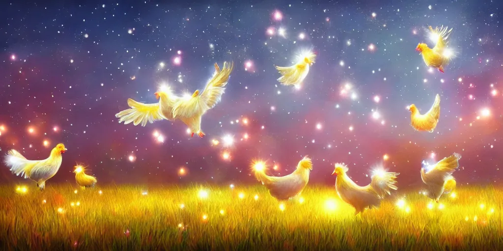 Image similar to magical sparkling chickens frolicking in a field, autumn, sparkles, light beams, photorealistic, hyperrealistic, 8 k, trending on artstation